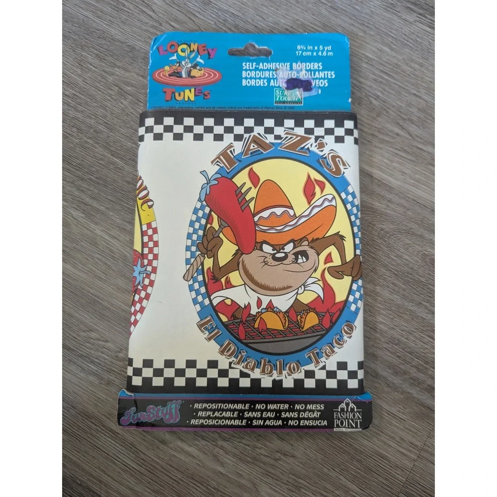 Vtg Looney Tunes Wallpaper Border El‎ Diablo Taco Bugs Bistro Taz Self Adhesive
